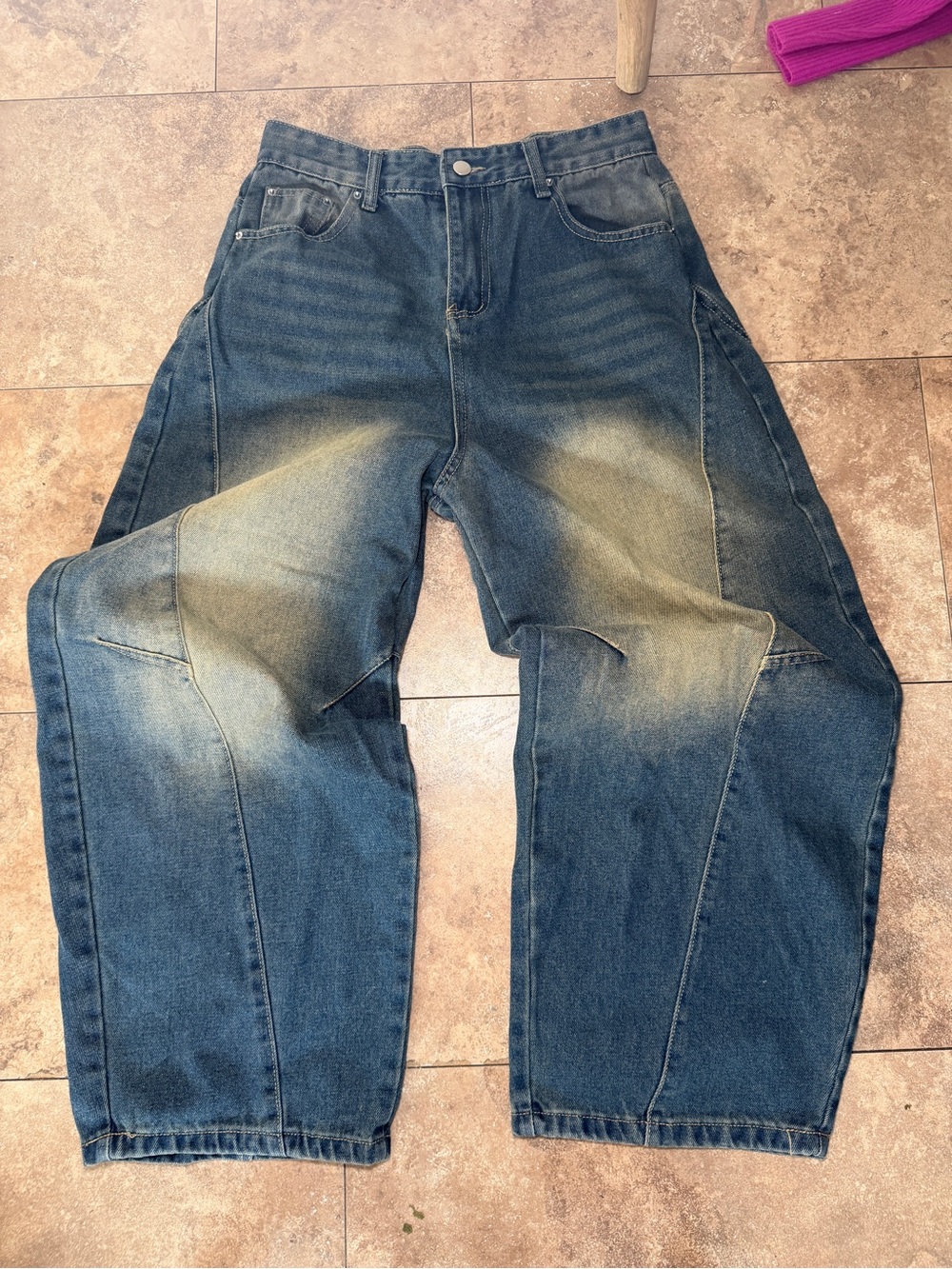 High-Rise Wide Leg Flare Jeans in Dark Blue with Knee Fade